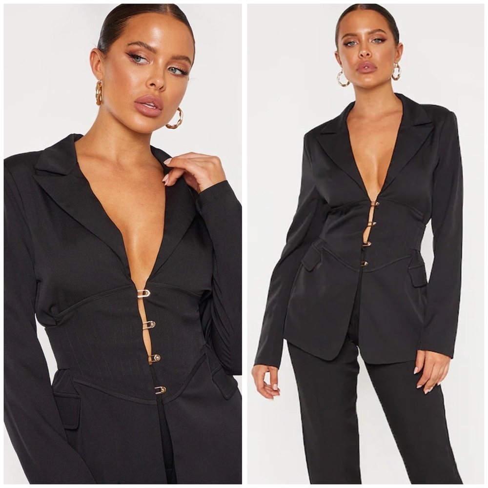 Black Sexy Corset Waist Fitted Blazer Jacket
